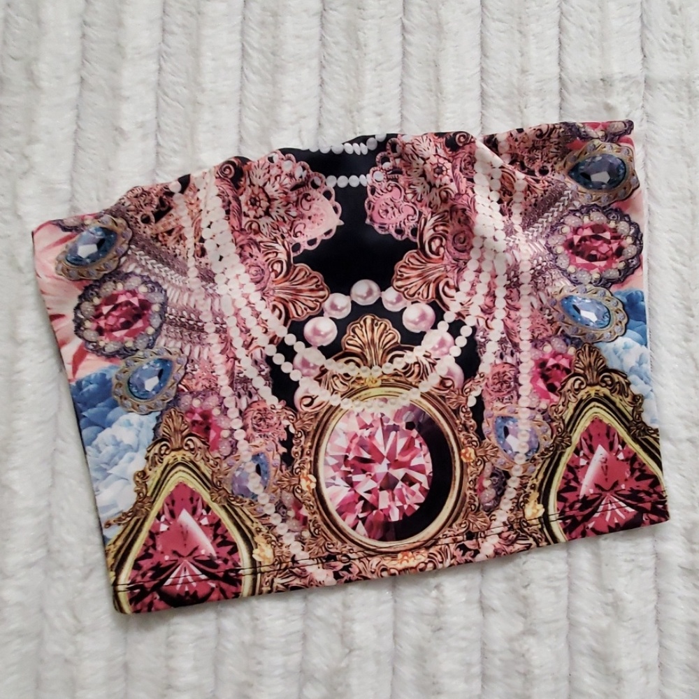 Body Central strapless tube top Costume Jewelry jewels graphic print Med.
